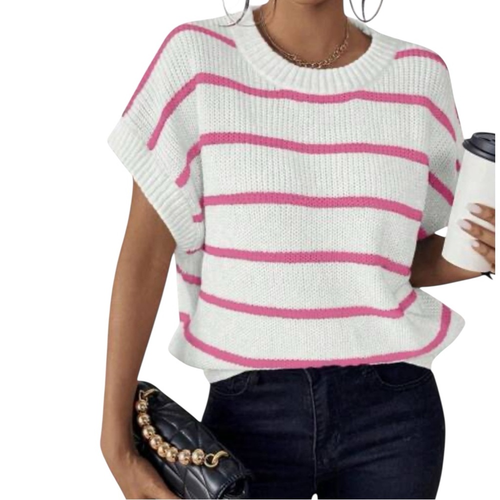 Slouchy Knit Sweater Vest White With Pink Stripe Preppy Girlie Size M New